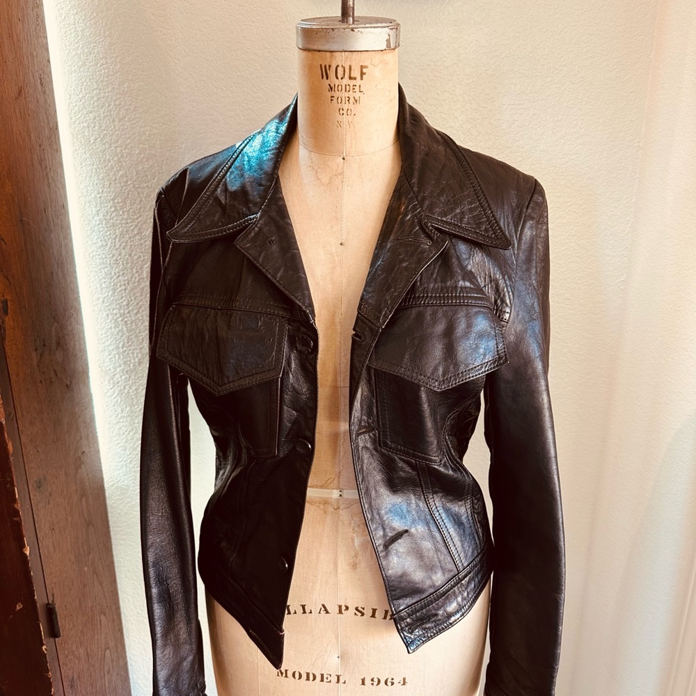 Vintage 1970s Black Leather Jacket with Dagger Collar - Picture 2 of 7